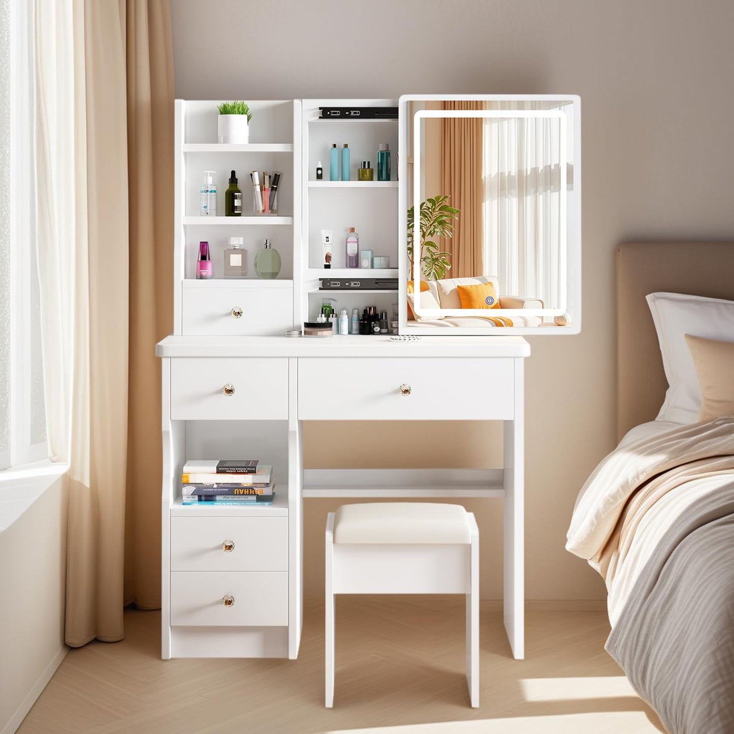 Vanity Desk Makeup Vanity Desk with Sliding Mirror and Lights, Makeup Vanity Set with Drawers, Stool and Open Shelves, 3 Color Lighting Modes Brightness Adjustable Dressing Table for Bedroom (Model 1)