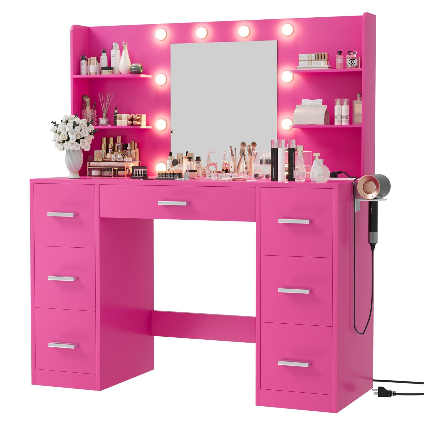 Furmax Vanity Desk with Mirror, LED Lights and Power Outlet Makeup Vanity Table with 7 Drawers and 6 Storage Shelves Dressing Table for Bedroom Dressing Room (White)