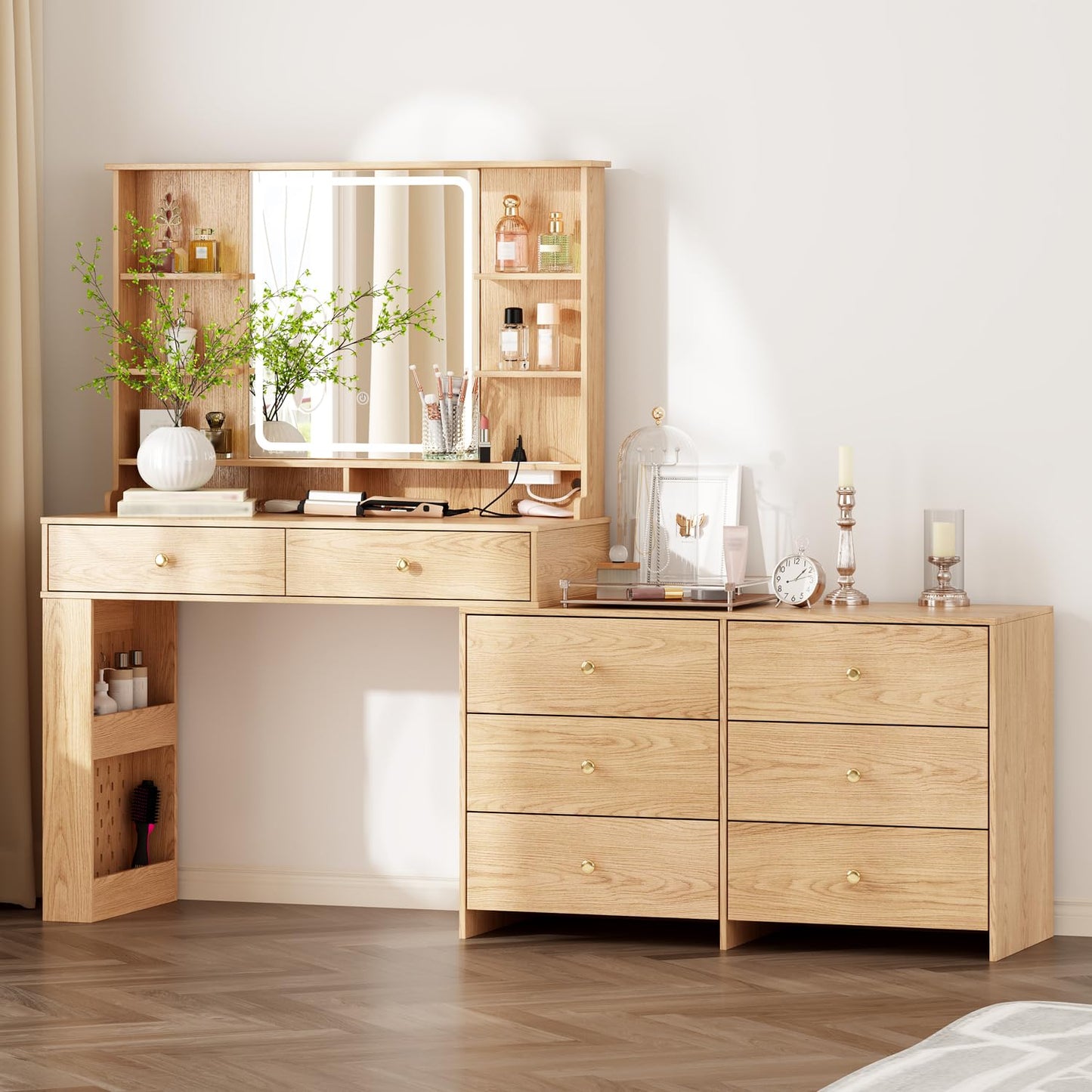 Makeup Vanity Desk with Mirror and Lights, Vanity Desk with 8 Drawers & Storage Shelves, Vanity Table with Power Outlet, 3 Color Modes & Adjustable Brightness Dressing Table, Bedroom,White