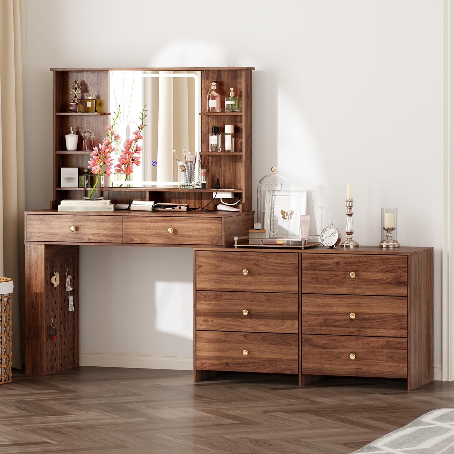 Makeup Vanity Desk with Mirror and Lights, Vanity Desk with 8 Drawers & Storage Shelves, Vanity Table with Power Outlet, 3 Color Modes & Adjustable Brightness Dressing Table, Bedroom,White