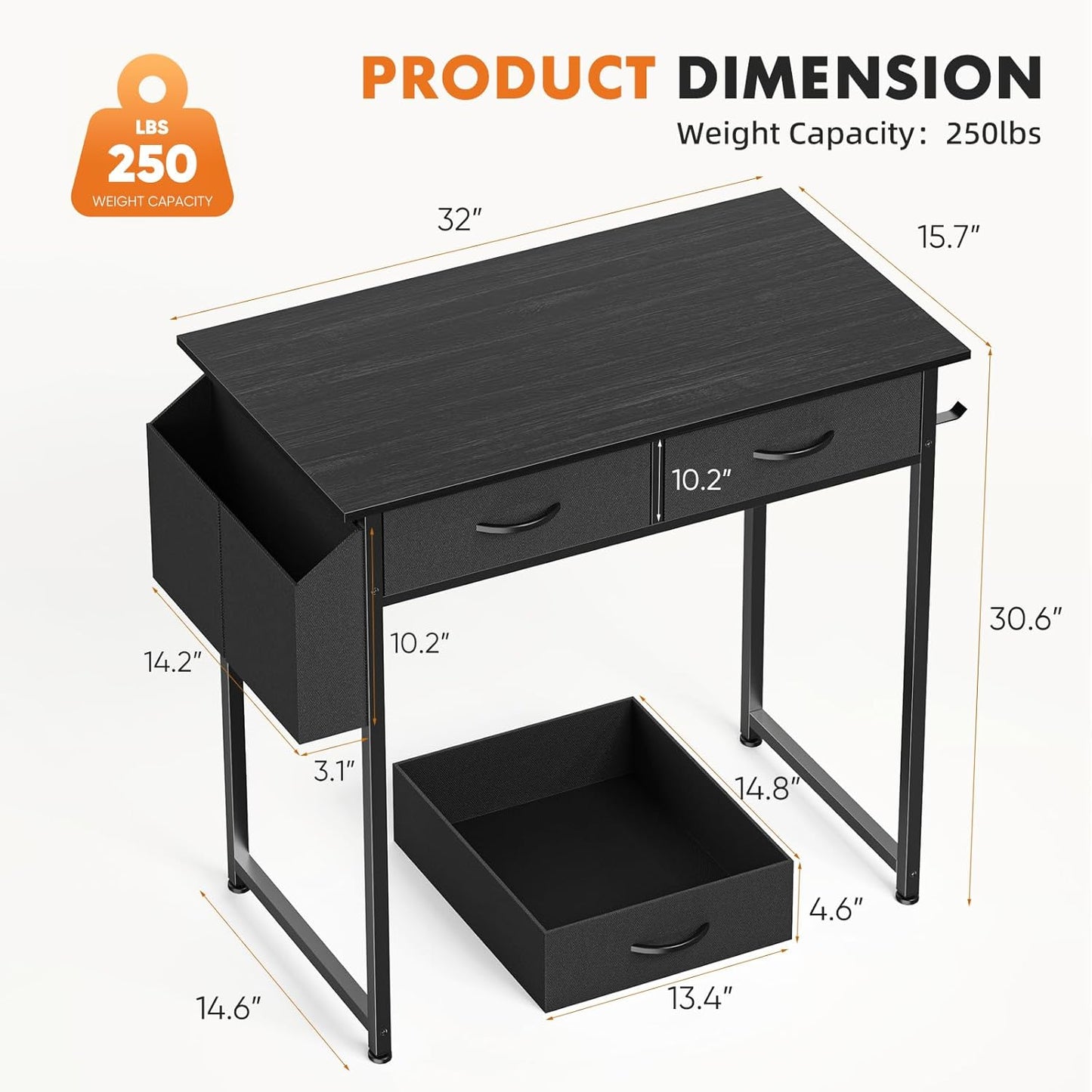 Small Desk with Fabric Drawers for Bedroom Home Office Size 32 Inches
