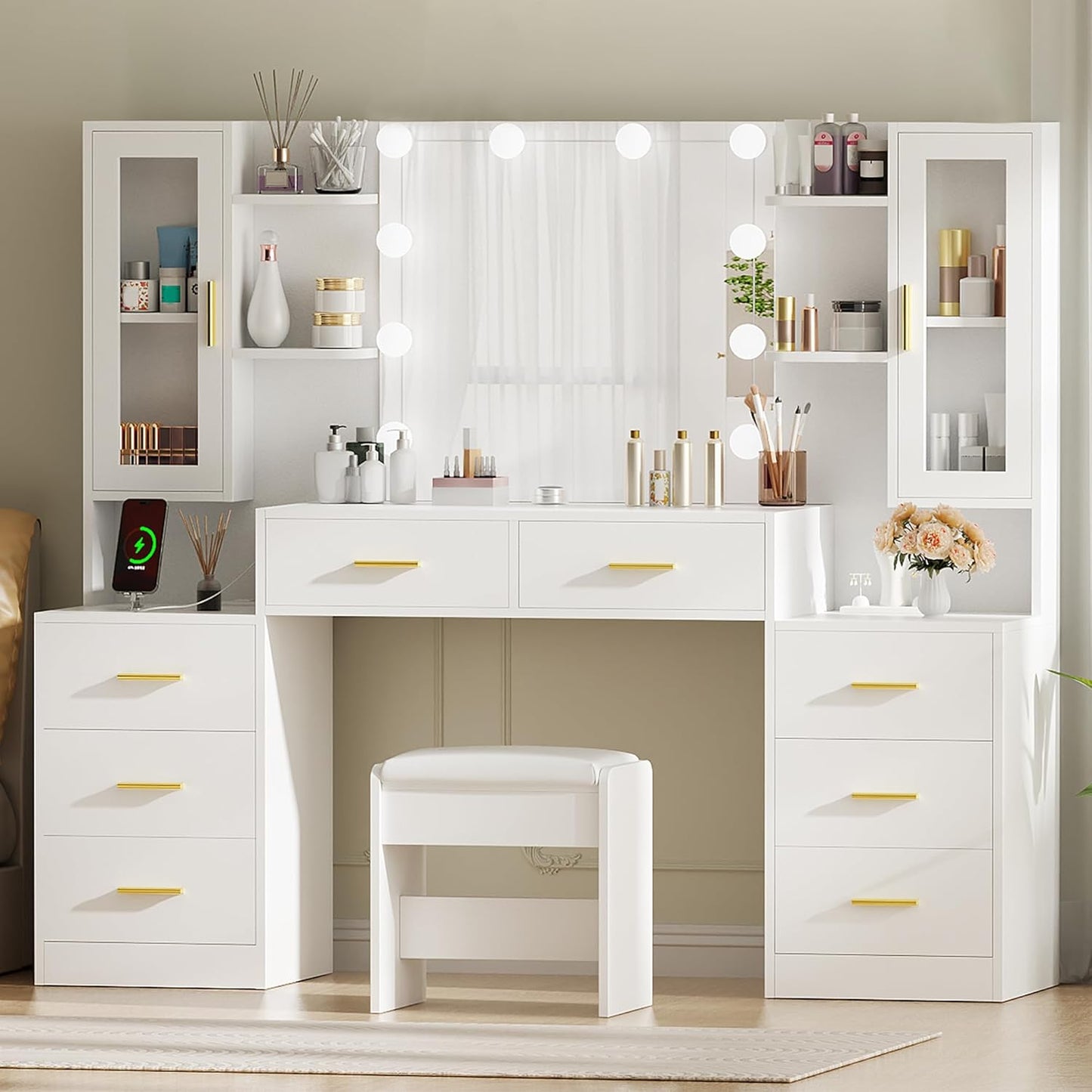 ANWBROAD 59.1" Large Vanity Desk with Mirror & Lights White Makeup Vanity Set with Power Outlet and 8 Drawers 3 Lighting Modes Adjustable Dressing Table for Girl Women Bedroom Dressing Room UBDT67W