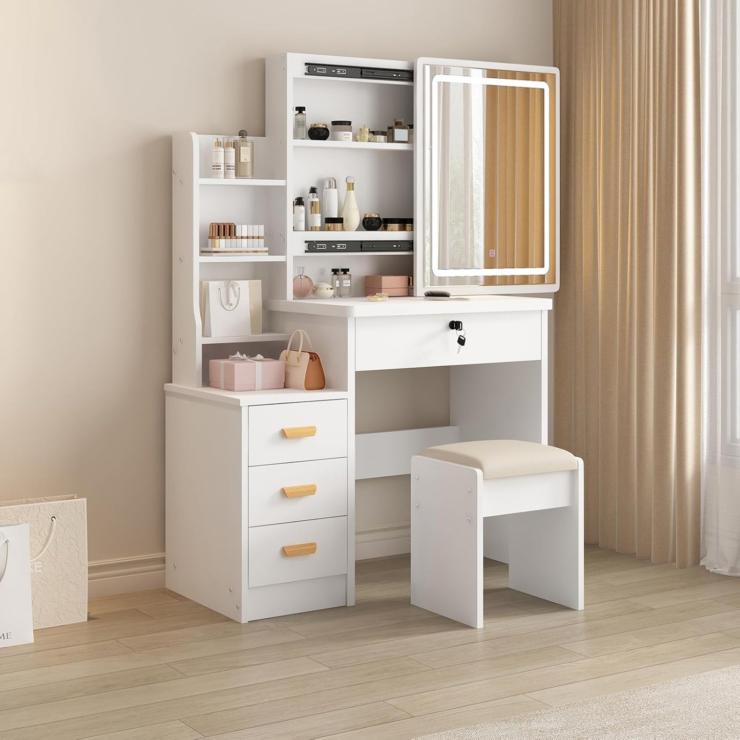 Vanity Desk Makeup Vanity Desk with Sliding Mirror and Lights, Makeup Vanity Set with Drawers, Stool and Open Shelves, 3 Color Lighting Modes Brightness Adjustable Dressing Table for Bedroom (Model 1)