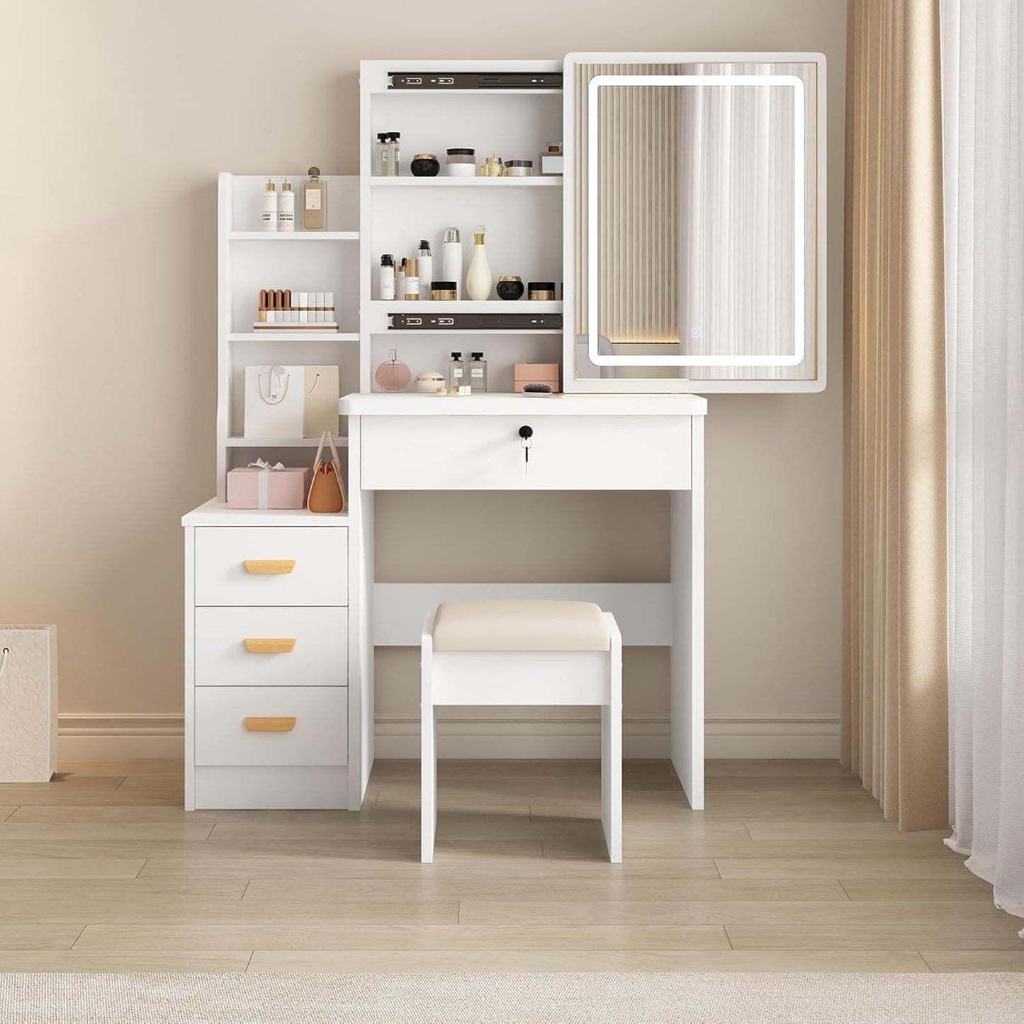 Vanity Desk Makeup Vanity Desk with Sliding Mirror and Lights, Makeup Vanity Set with Drawers, Stool and Open Shelves, 3 Color Lighting Modes Brightness Adjustable Dressing Table for Bedroom (Model 1)