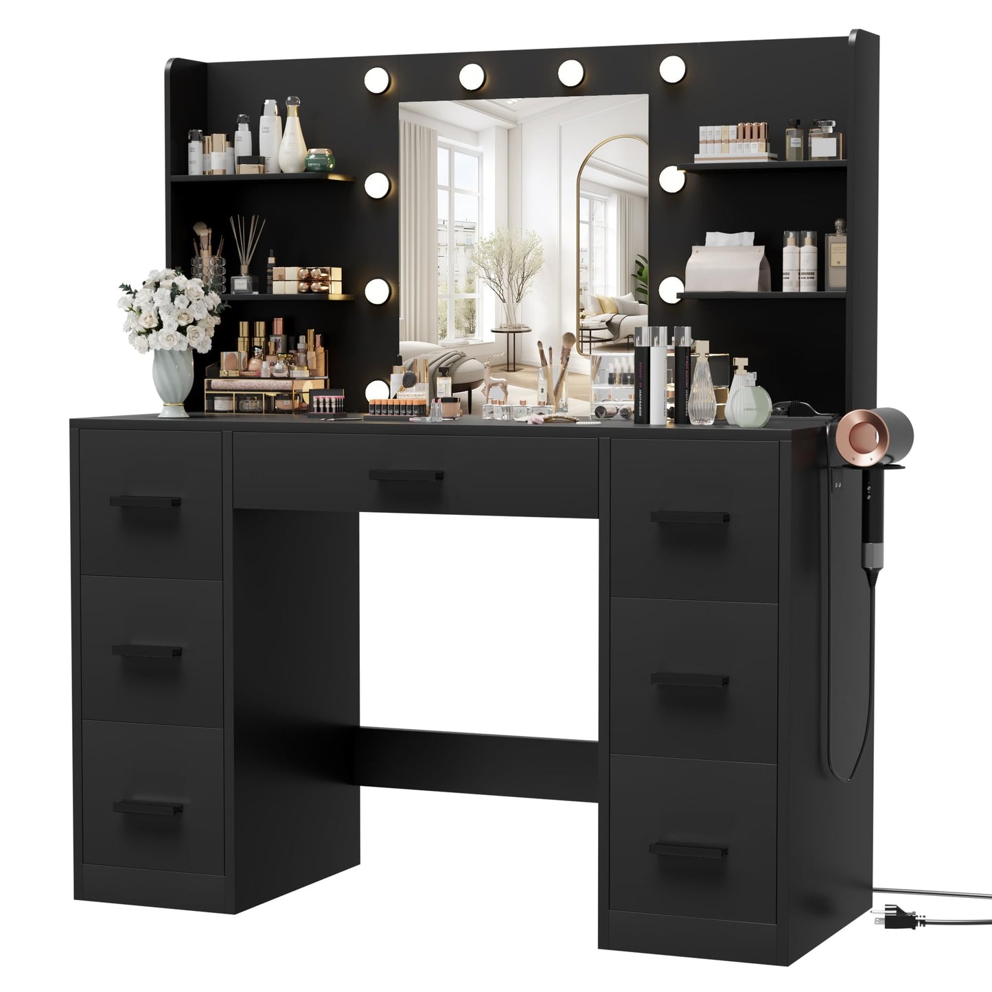 Furmax Vanity Desk with Mirror, LED Lights and Power Outlet Makeup Vanity Table with 7 Drawers and 6 Storage Shelves Dressing Table for Bedroom Dressing Room (White)