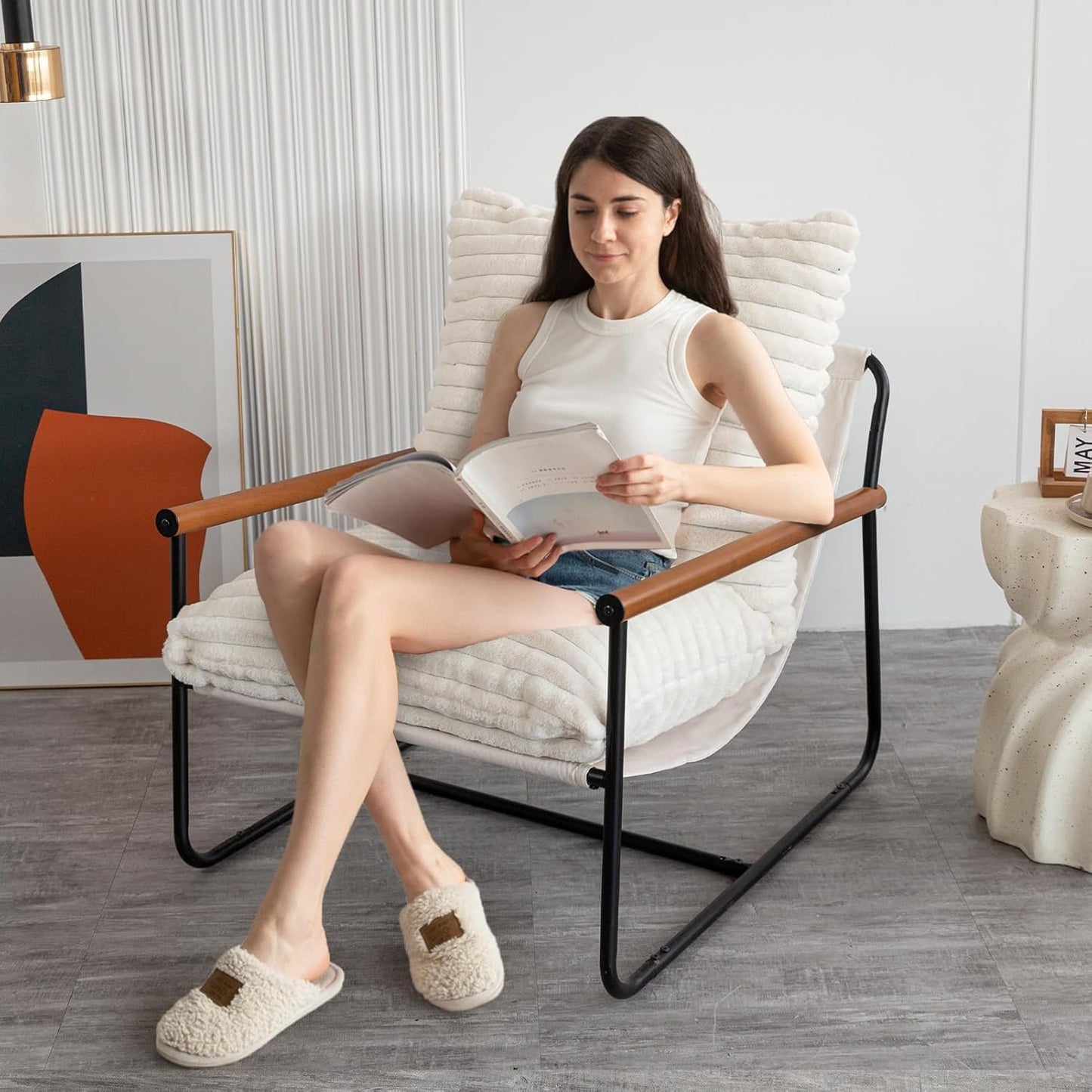 Mid Century Modern Accent Chairs, Boucle Reading Bedroom Chair