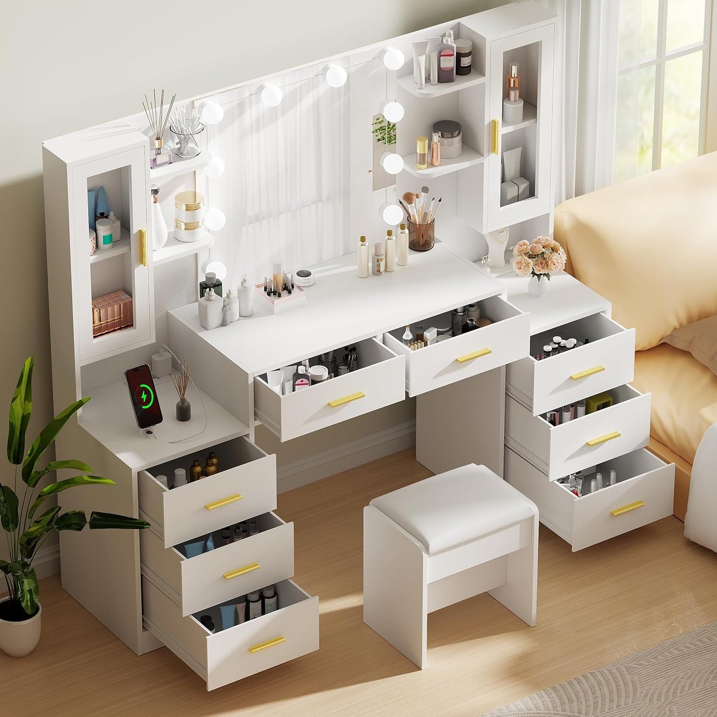 ANWBROAD 59.1" Large Vanity Desk with Mirror & Lights White Makeup Vanity Set with Power Outlet and 8 Drawers 3 Lighting Modes Adjustable Dressing Table for Girl Women Bedroom Dressing Room UBDT67W