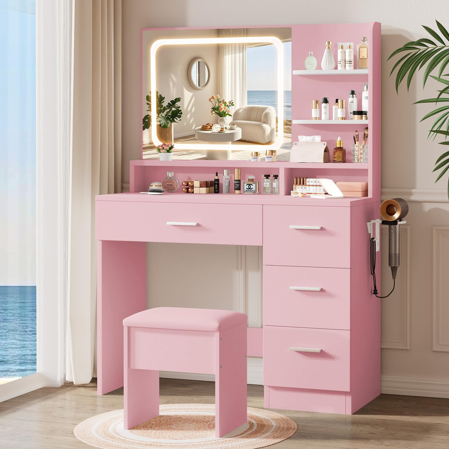 Makeup Vanity Desk Set, 35.4“Wx15.7”Dx53.9“H, White (Smart LED Mirror, with Cushion Stool, Hairdryer Rack, Power-Outlet, 4 Drawers, Open Shelves)