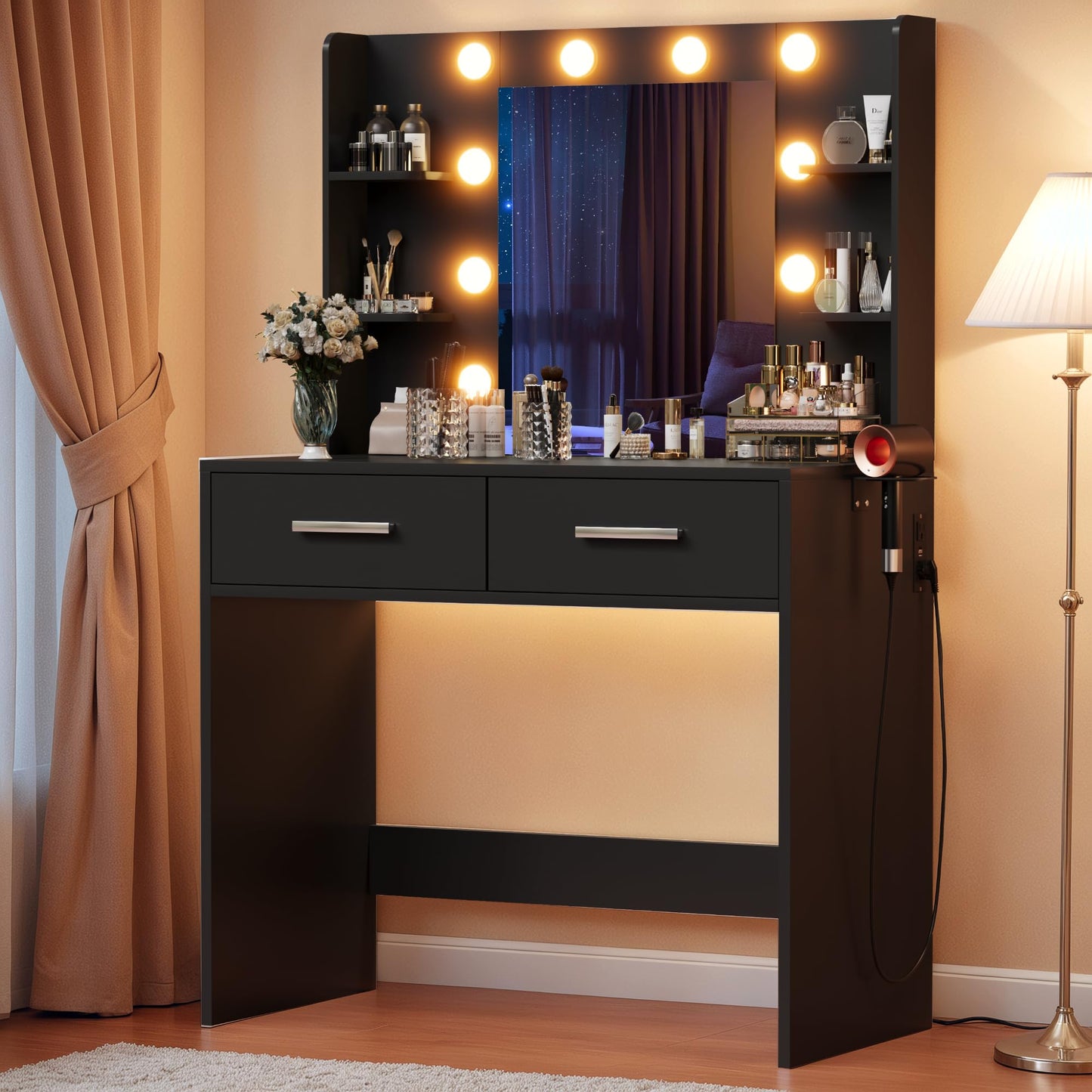 YESHOMY Vanity Desk with Mirror, Power Outlet and 10 Lights, Makeup Table with 7 Drawers, 3 Color Modes Available for Bedroom, Pure White