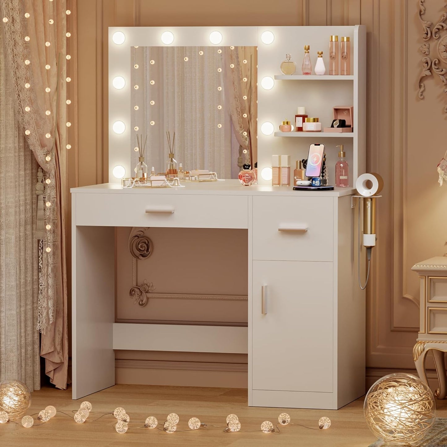JUMMICO 35.4" Vanity Desk with LED Mirror & Power Outlet, Makeup Vanity Table with 3 Open Storage Shelves, Drawers and Cabinet, 3 Model Adjustable Lights for Bedroom & Dressing Room (White)