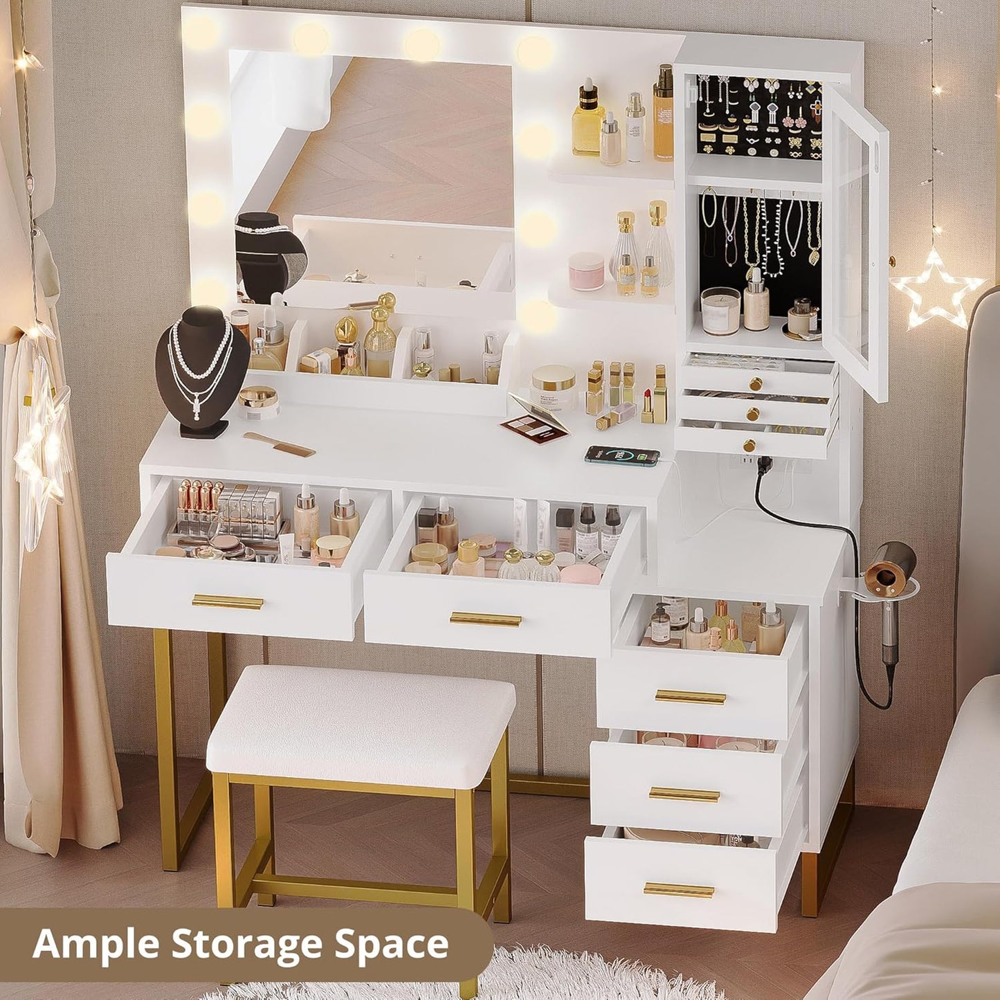 IRONCK Vanity Desk with Mirror and Lights, Makeup Vanity Table with 5 Drawers & Shelves, Power Outlet, Vanity Stool, Dressing Table with Jewelry Storage for Bedroom, White & Gold