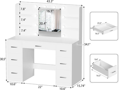 YESHOMY Vanity Desk with Mirror, Power Outlet and 10 Lights, Makeup Table with 7 Drawers, 3 Color Modes Available for Bedroom, Pure White