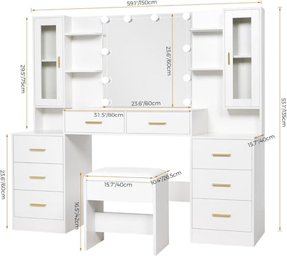 ANWBROAD 59.1" Large Vanity Desk with Mirror & Lights White Makeup Vanity Set with Power Outlet and 8 Drawers 3 Lighting Modes Adjustable Dressing Table for Girl Women Bedroom Dressing Room UBDT67W