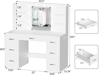 YESHOMY Vanity Desk with Mirror, Power Outlet and 10 Lights, Makeup Table with 7 Drawers, 3 Color Modes Available for Bedroom, Pure White