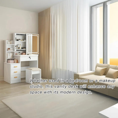 Vanity Desk Makeup Vanity Desk with Sliding Mirror and Lights, Makeup Vanity Set with Drawers, Stool and Open Shelves, 3 Color Lighting Modes Brightness Adjustable Dressing Table for Bedroom (Model 1)