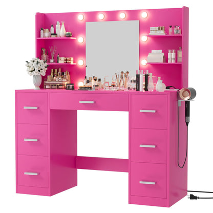 Furmax Vanity Desk with Mirror, LED Lights and Power Outlet Makeup Vanity Table with 7 Drawers and 6 Storage Shelves Dressing Table for Bedroom Dressing Room (White)