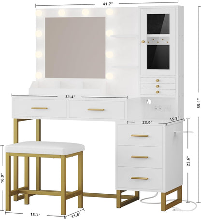 IRONCK Vanity Desk with Mirror and Lights, Makeup Vanity Table with 5 Drawers & Shelves, Power Outlet, Vanity Stool, Dressing Table with Jewelry Storage for Bedroom, White & Gold