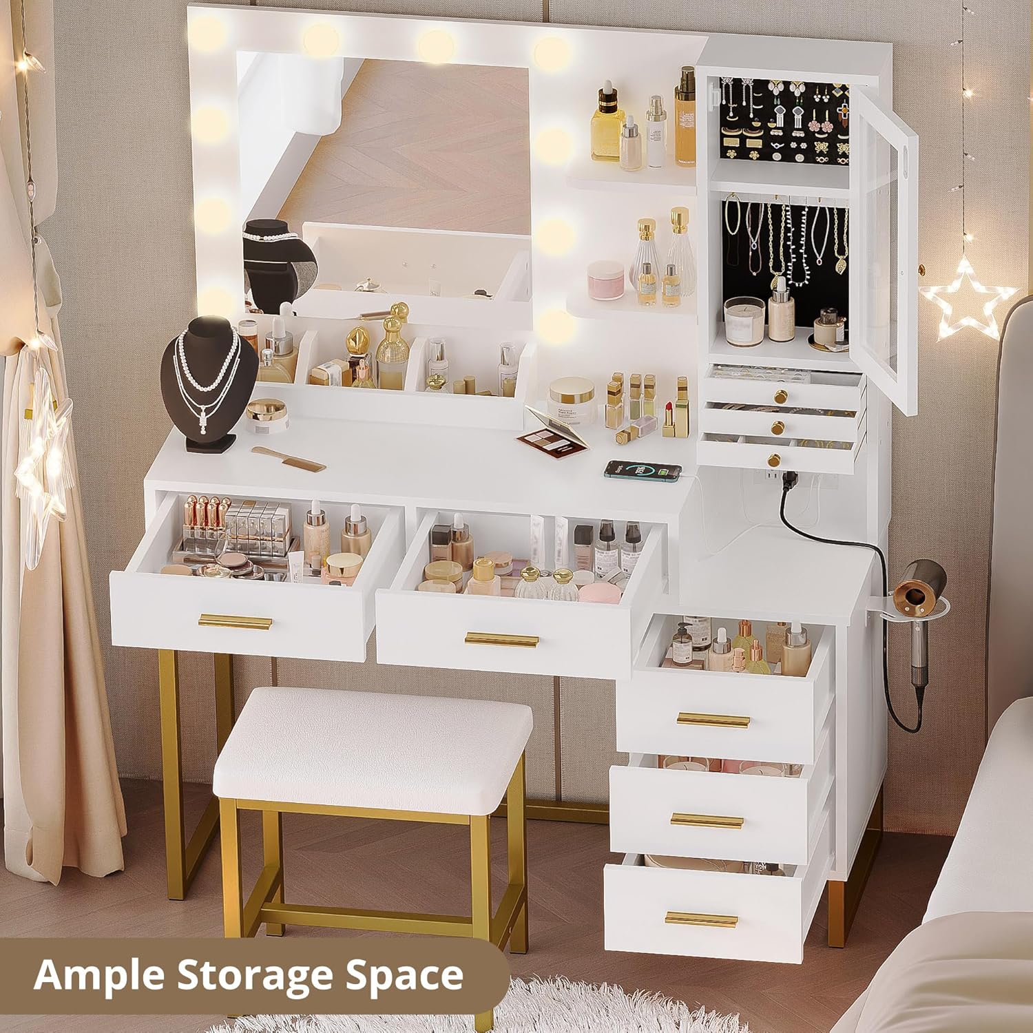 IRONCK Vanity Desk with Mirror and Lights, Makeup Vanity Table with 5 Drawers & Shelves, Power Outlet, Vanity Stool, Dressing Table with Jewelry Storage for Bedroom, White & Gold